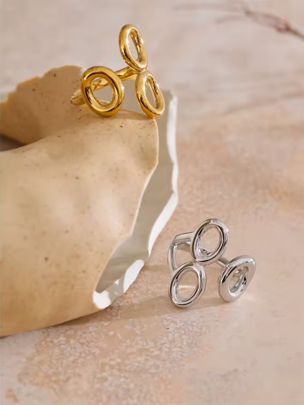 Polished Silver color Triple Open Circle Statement Ring - Picture 5 of 6